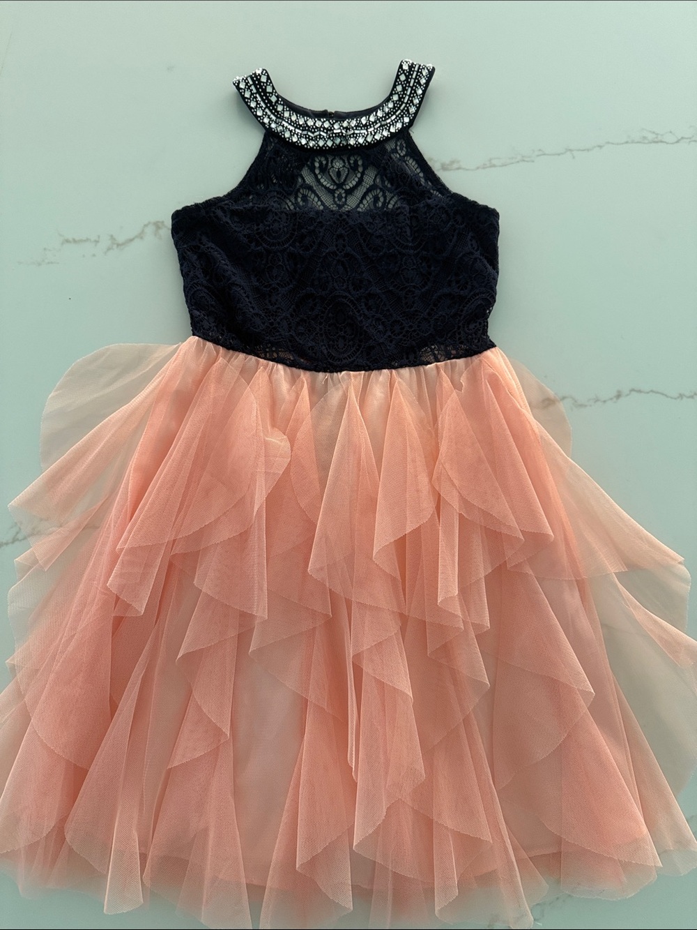 Girls Navy Lace Bodice & Peach Tulle Ruffle Dress